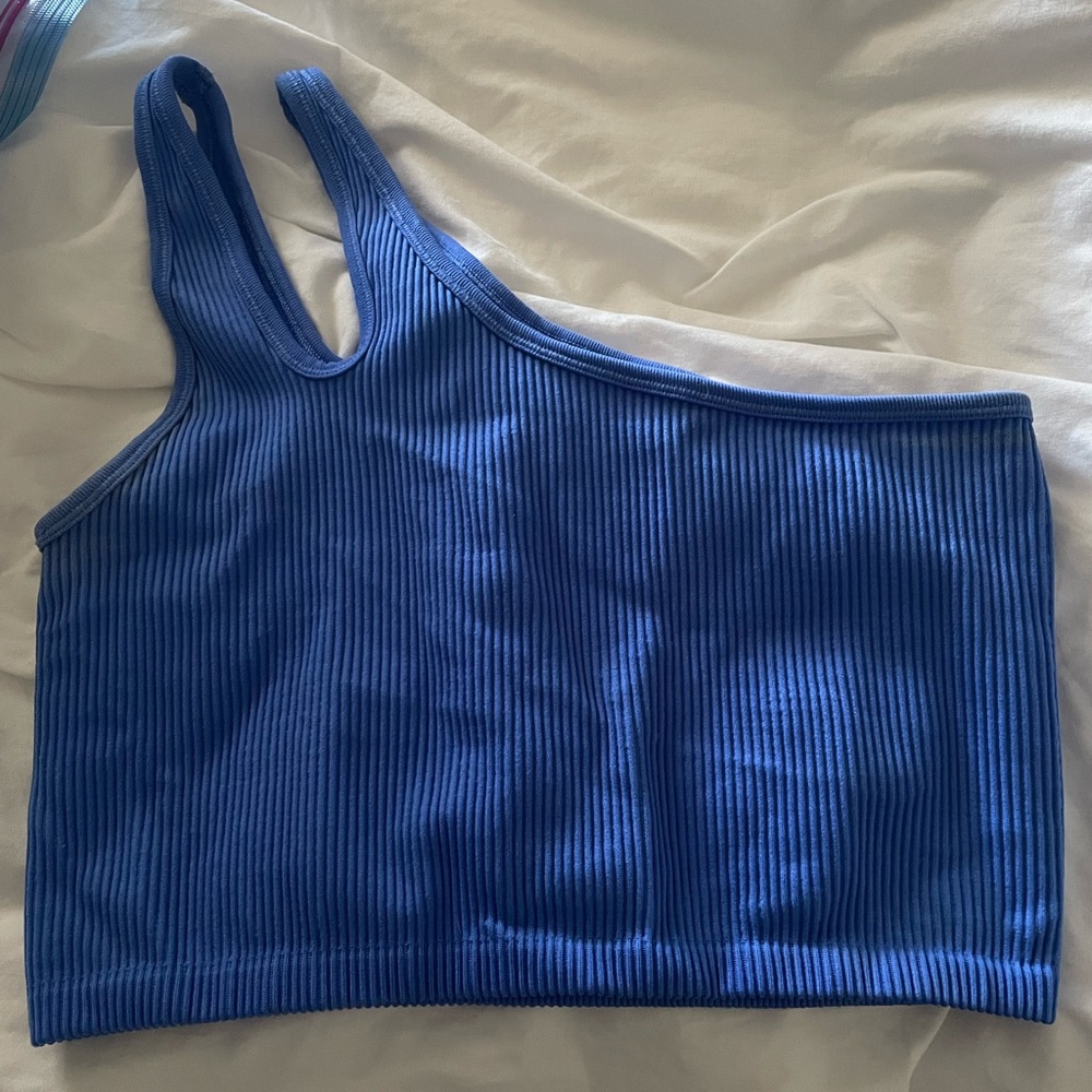 Blue Ribbed One-Shoulder Top - Picture 2 of 3